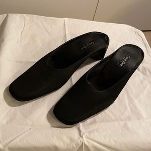 Calvin Klein black satin mules